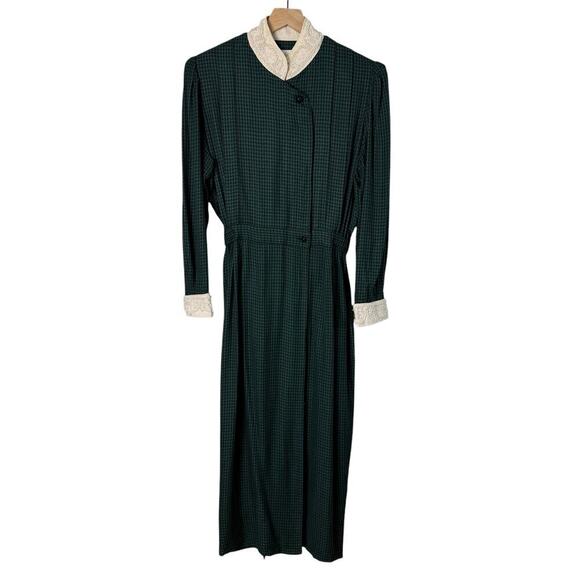 Vintage 1960s Sarah Elizabeth Embellished Shirt Dress Houndstooth Green Black 12 - Picture 1 of 15